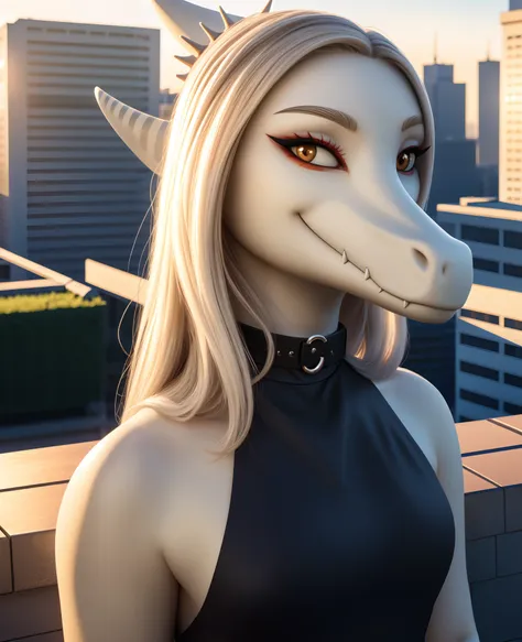 fang, female, dinosaur, pterodactylus, scalie, portrait, looking at viewer, rooftop, black clothes, choker, half closed eyes, wi...