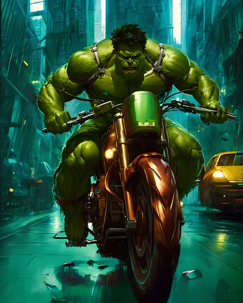 hulk  musculoso pilotando uma bicicleta stean punkai na chuva em uma rua da cidade ciber punk  chineza, wojtek fus, o hulk, dire...