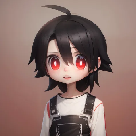 anime boy, black hair, white highlight, red eyes, overalls, cute, boy, anime, 8k, best quality, master piece