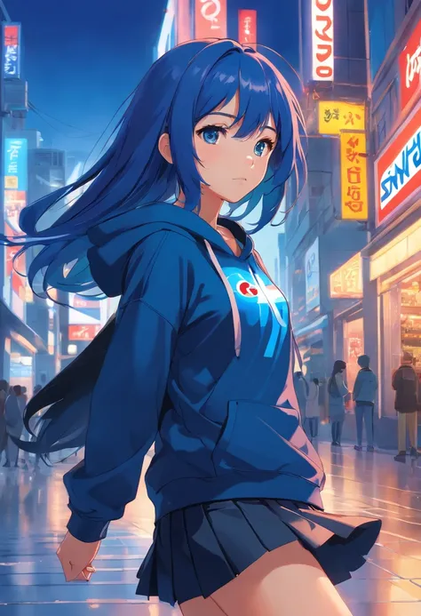 1 girl, Pepsi theme, Pepsi style, blue long hair, black hoodie, miniskirt