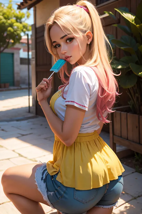 chica hermosa lamiendo paleta