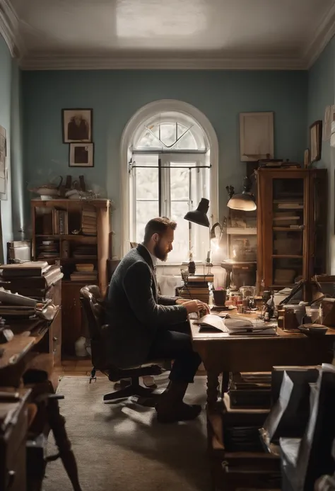 Create the illustration of a man hunched over his desk in a room full of distractions, as electronics, livros e tarefas inacabadas, symbolizing procrastination. His expression should be one of weariness and exhaustion.