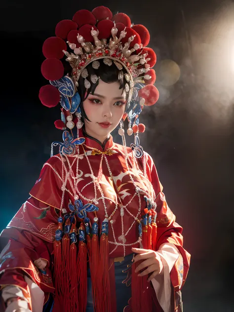 close-up，a beautiful woman dressed in a chinese peking opera costume stands on the stage，looking at viewert， ssmile， from the fr...