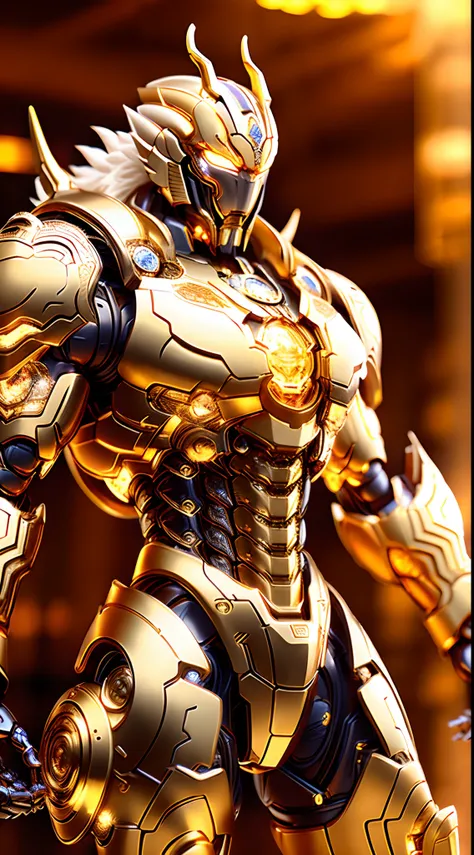 Golden Dragonoid - the futuristic biomechanical android, beautiful natural soft light, rim light, gold fractal details, metallic fine lace, muscular, mandelbot fractal anatomical, diamond, facial muscles, elegant, ultra detailed,