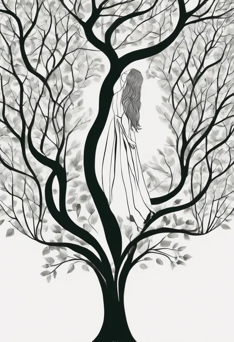 Close up, Tree shape The womans hugging face turned into a leafy tree, Take the root as the leg, Branches like arms, Some leaves fly on a white background,