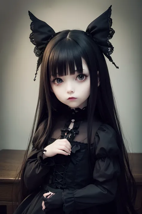 Close up portrait of doll holding doll on table, dreamy gothic girl, Gothic Girl, ball jointed doll, gothgirl, Dark and Gothic, Gothic Maiden anime girl, gothic aesthetic, gothic art style, Cute face. Dark Fantasy, Neogos, gothic horror vibes, creepy kawai...