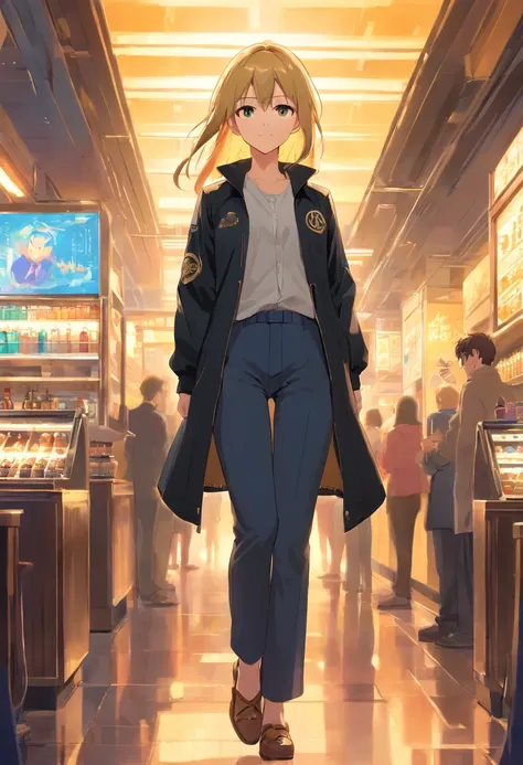 1 girl, Royal Stout theme, Royal Stout style, golden long hair, black jacket, long pants, palace