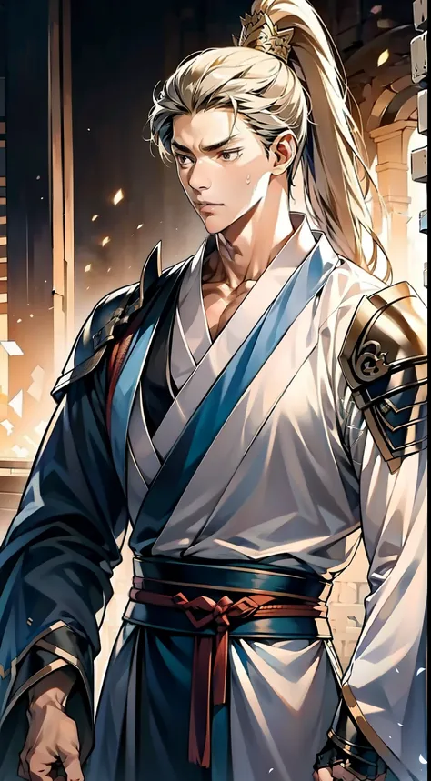 quadratic element，style of anime，mtu（Male Warrior），The proportions are correct，Face details，swordsmen，High ponytail hairstyle，Neck details，There is an Adams apple，Black Hanfu，kaftan，Embroidered robes，Black robe，clothes details，Handing over，longer sleeves，G...