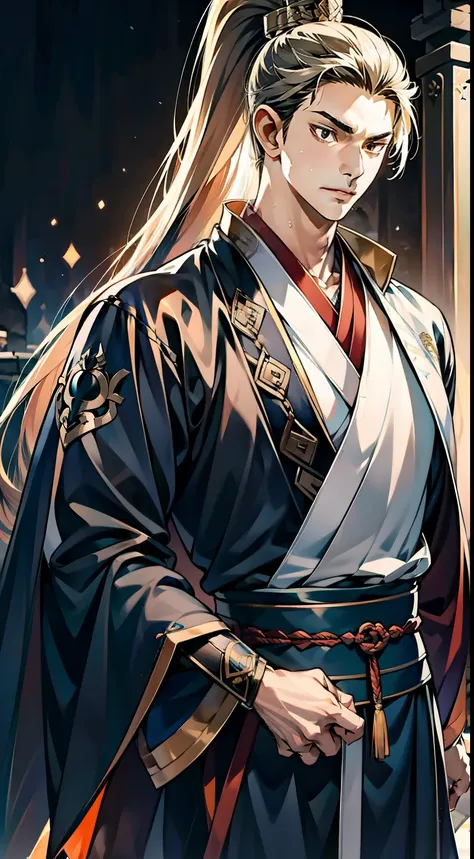 quadratic element，style of anime，mtu（Male Warrior），The proportions are correct，Face details，swordsmen，High ponytail hairstyle，Neck details，There is an Adams apple，Black Hanfu，kaftan，Embroidered robes，Black robe，clothes details，Handing over，longer sleeves，G...