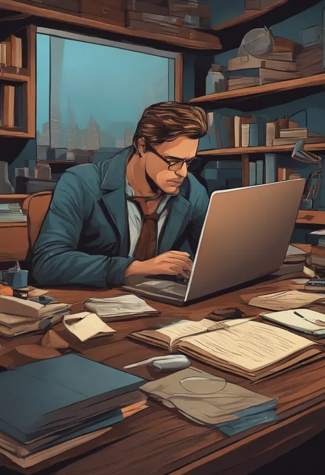 Create a close-up illustration that represents a man hunched over his desk in an environment with many distractions around, such as electronic devices, books and unfinished tasks, symbolizing procrastination. His expression should reflect a tired attitude