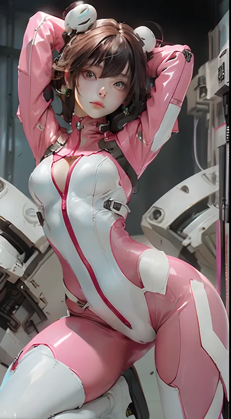 Extremely cute human eighteen year old girl face，Human torso，human huge boobs，Human abdomen，Human buttocks，machine arm，mechanical leg，The arms and legs have a hard white shiny shell and black joints，Very pretty and feminine，short stature，petite，small，small...