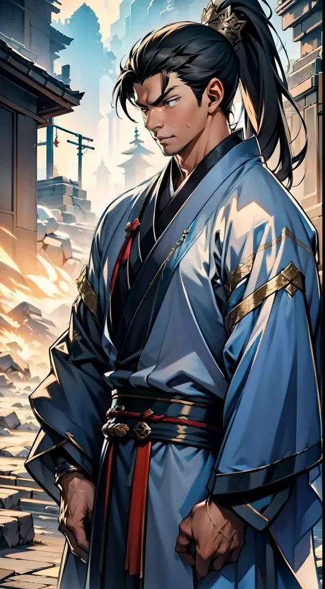 quadratic element，style of anime，mtu（Male Warrior），The proportions are correct，Face details，swordsmen，High ponytail hairstyle，Neck details，There is an Adams apple，Black Hanfu，kaftan，Embroidered robes，Black robe，clothes details，Handing over，longer sleeves，G...