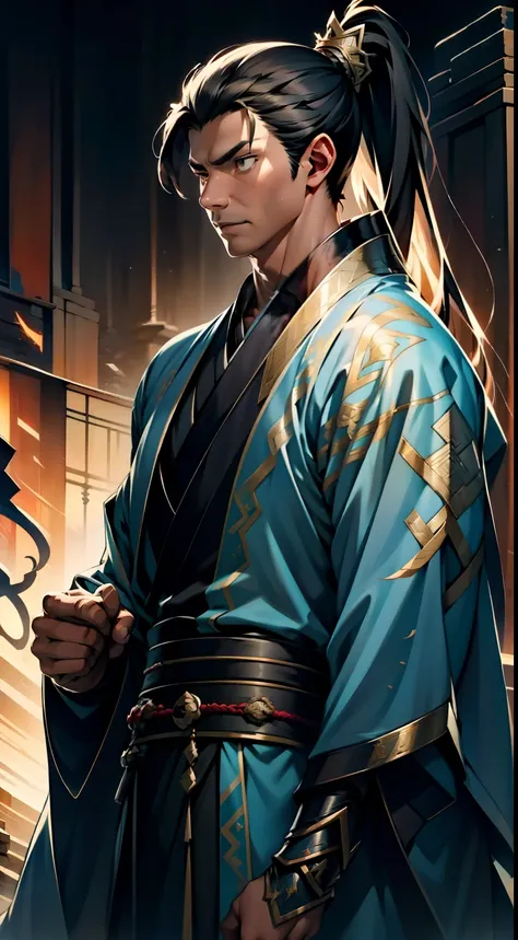 quadratic element，style of anime，mtu（Male Warrior），The proportions are correct，Face details，swordsmen，High ponytail hairstyle，Neck details，There is an Adams apple，Black Hanfu，kaftan，Embroidered robes，Black robe，clothes details，Handing over，longer sleeves，G...