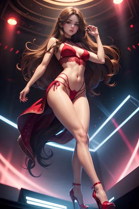 1 young girl full body, medium chest, long brown hair, blue eyes, sexy face, red lace lingerie, high platform heels, muscular legs, in a nightclub