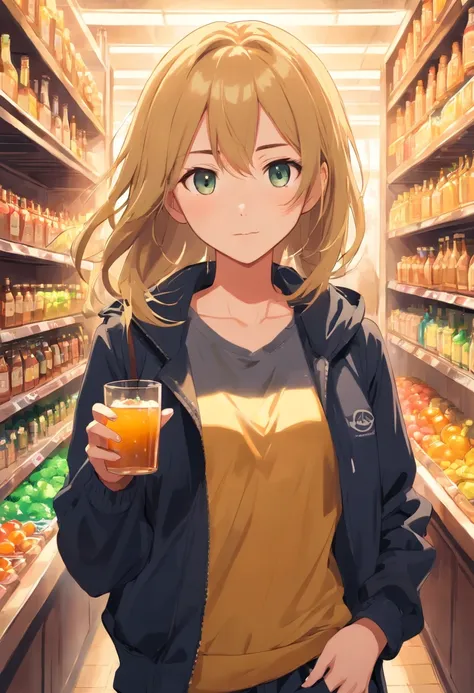 1 girl, Somersby theme, Somersby style, golden long hair, black jacket, long pants, apple cider