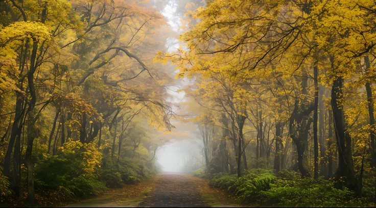 There is a road that is surrounded by trees with yellow leaves, yellow volumetric fog, ouro vibrante, mas sombrio, yellow mist, nevoeiro colorido brilhante, floresta de outono, tranquilidade de outono, floresta nebulosa, na floresta de outono, magic mist, ...