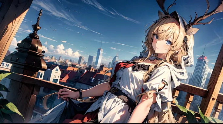 (((Masterpiece))),(incredibly_absurderes),(Best quality),(A high resolution),(Highly detailed),((CG unity 8k wallpaper))，Best quality at best，tmasterpiece，1girll，blond hairbl，messy  hair，curly_Hair，The shirt，a skirt，kawai，JK，Red_bow，Wrist watch，choker neck...