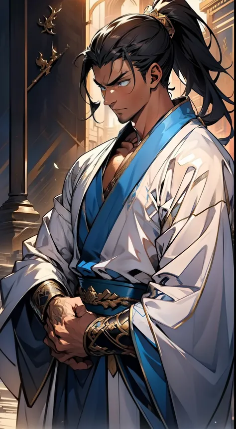 quadratic element，style of anime，mtu（Male Warrior），The proportions are correct，Face details，swordsmen，High ponytail hairstyle，Neck details，There is an Adams apple，White robe，kaftan，long white robe，clothes details，Handing over，longer sleeves，Game quality，Sw...