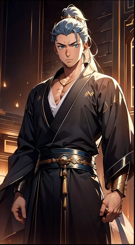 quadratic element，style of anime，mtu（Male Warrior），The proportions are correct，Face details，swordsmen，High ponytail hairstyle，Neck details，There is an Adams apple，White robe，kaftan，long white robe，clothes details，Handing over，longer sleeves，Game quality，Sw...