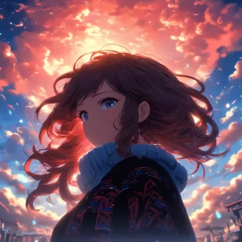 very beatiful girl, Bright brown eyes, long, even dark red hair, ogle, blush on cheeks, Long knitted sweater in black, blue sky, clouds, a lot of bright hieroglyphs