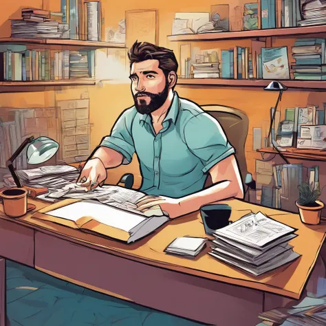 Create a close-up illustration that represents a man hunched over his desk in an environment with many distractions around, such as electronic devices, books and unfinished tasks, symbolizing procrastination. His expression should reflect a tired attitude
...