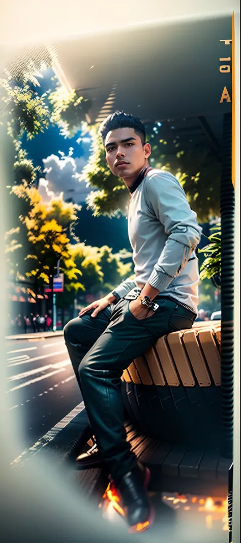 there is a man sitting on a yellow and black fire hydrant, casual photography, street pic, by Abidin Dino, with a cool pose, potrait, photograpgy, photography portrait, high quality upload, inspired by Rudy Siswanto, candid picture, style of ade santora, c...