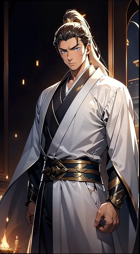 quadratic element，style of anime，mtu（Male Warrior），The proportions are correct，Face details，swordsmen，High ponytail hairstyle，Neck details，There is an Adams apple，White robe，kaftan，long white robe，clothes details，Handing over，longer sleeves，Game quality，Sw...