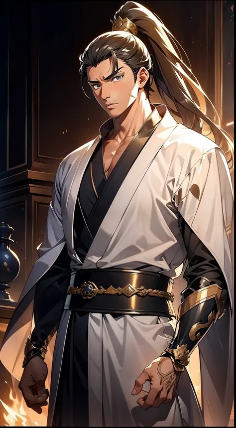 quadratic element，style of anime，mtu（Male Warrior），The proportions are correct，Face details，swordsmen，High ponytail hairstyle，Neck details，There is an Adams apple，White robe，kaftan，long white robe，clothes details，Handing over，longer sleeves，Game quality，Sw...