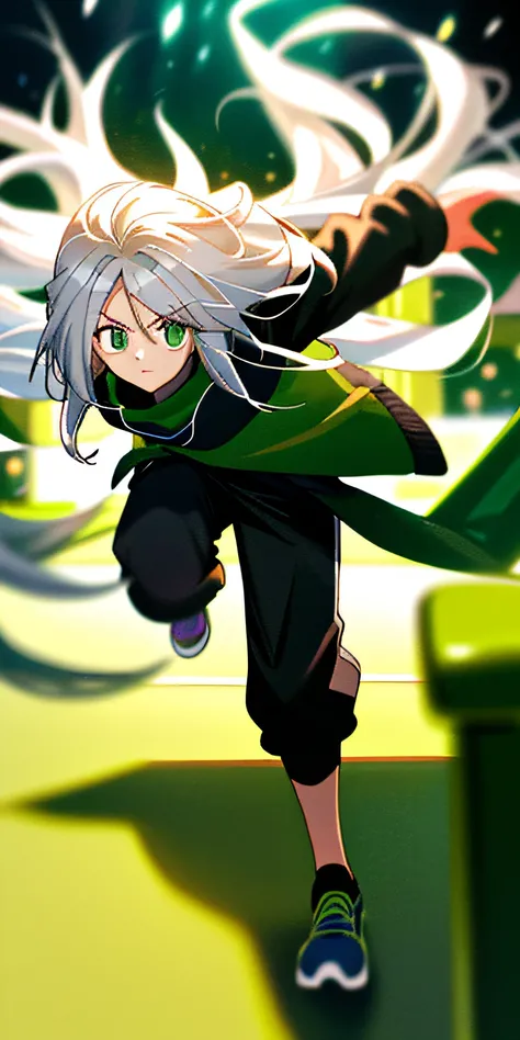 （tmasterpiece，best qualtiy），1 girl with long white hair running on green playground，her hand under her chin，warmly lit，white sweatpants，Black sweatshirt blurs foreground