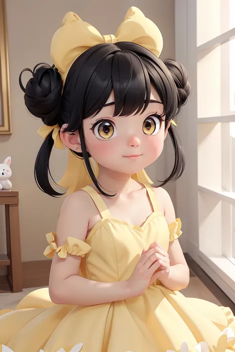 an cute girl, bun on both sides, black hair, solo, light yellow eyes, best quality, animal_ear_fluff, princess dress, shine room...