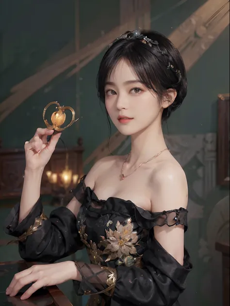 ((1womanl)),  (((Black Shorthair))), （masuter piece：1,3）、top-quality、​masterpiece、hight resolution、Original、highly detailed wallpaper、dress code、Luxurious necklace, A slight smil、a small face、(Breast)、(Light on Face)、Live-action style, Beautiful facial fea...