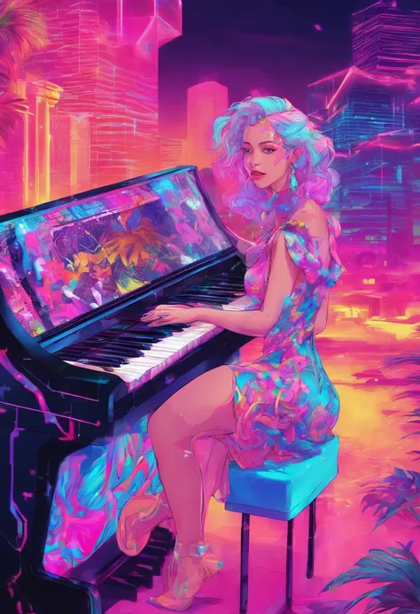 1girl, long hair, intricate dress, bare shoulders, playing piano, ((epic background))