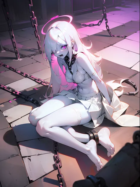 1girl,small,solo focus,,glowing magenta eyes,colored sclera,white hair, long hair,(((pale skin,extremy white skin,hair over one eye))),, sharp teeth, open mouth,(((medium tits,glossy thighs,)))sexy,((white bra,hidden arms,white skirt,no shoes)),(((sad face...