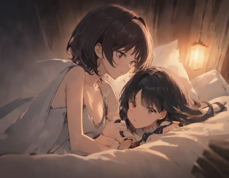 girl with２a person　A dark-haired　short　a bed　embracing each other