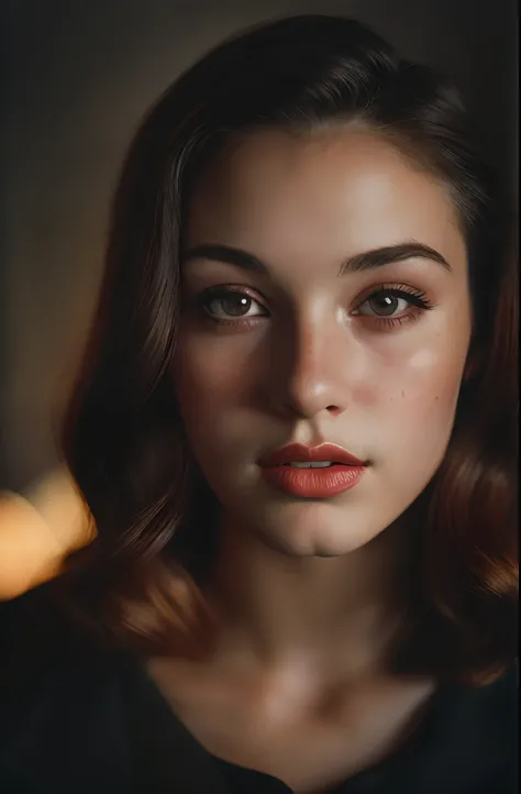 (close-up, editorial photograph of a 20 yo woman from the 1940s), (highly detailed face:1.4) (smile:0.7) (background inside dark, moody, private study:1.3) POV, by lee jeffries, nikon d850, film stock photograph ,4 kodak portra 400 ,camera f1.6 lens ,rich ...