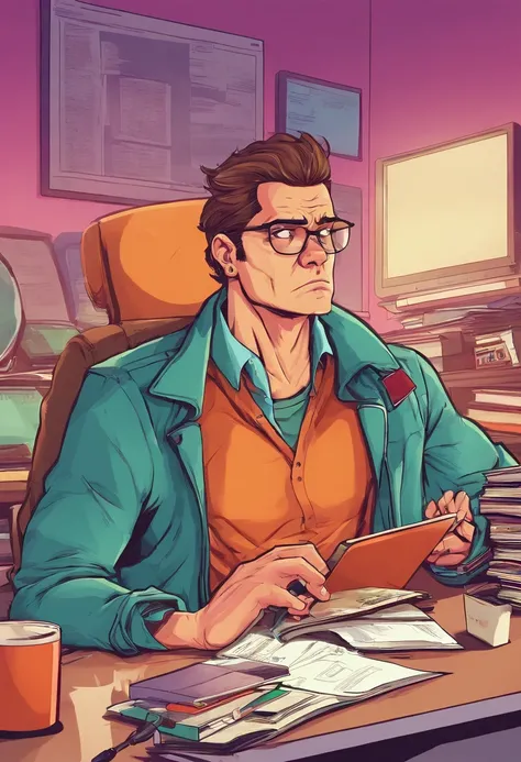 Create a close-up illustration that represents a man hunched over his desk in an environment with many distractions around, such as electronic devices, books and unfinished tasks, symbolizing procrastination. His expression should reflect a tired attitude