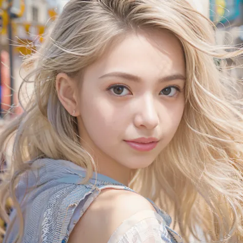 女の子1人、on tokyo street、A city scape、A city scape、a blond、Blue eyes、The upper part of the body、a closeup、A smile、、(8K、Raw photography、top-quality、​masterpiece:1.2)、(realisitic、photoRealstic:1.37)、Highly detailed eyelash drawing、(((Top image quality))),Coloss...