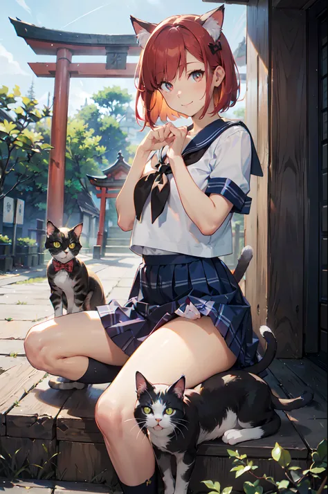 masutepiece, Best Quality, Detailed beautiful face and eyes, Full body, The best illustrations, PastelColors, (jpn、Shrine 1.4), Red torii gate, beauitful face, blurry backround, 10 year old beautiful girl, shinny skin, (１The tail of a cat in a book grows:1...