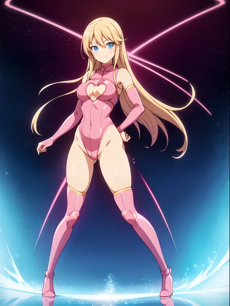 anime girl in pink leotard with pink shoes, full body zenkai! asuka suit, zero suit, zerochan art, blonde anime girl with long hair, style artgerm, android heroine, ((bare legs)), ((1 cleavage cutout, heart cutout)), ((medium to dark pink leotard)), ((matc...