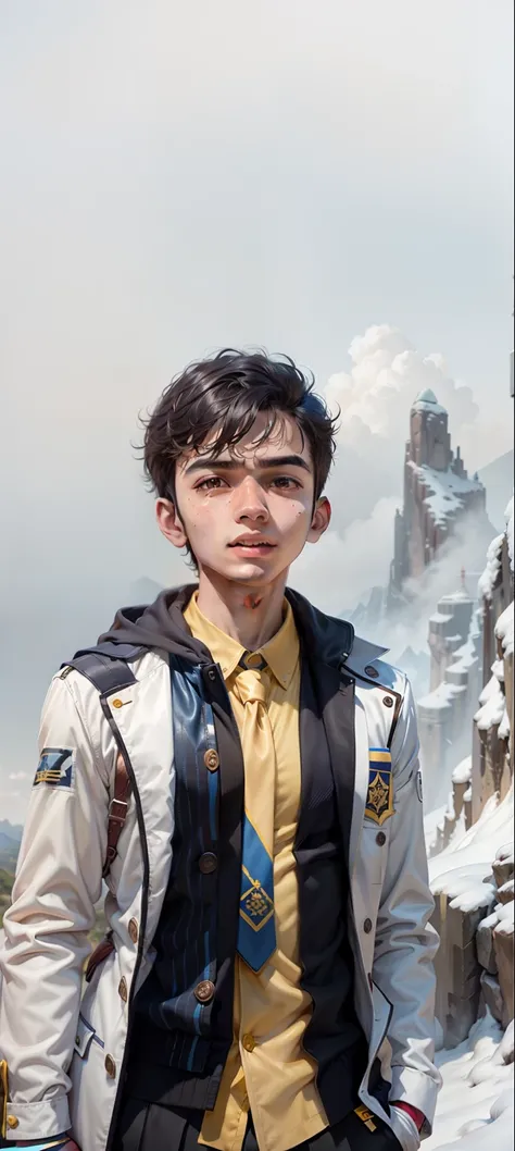 boy standing on top of a mountain with a yellow shirt and blue tie, ayan nag, young commoner, riyahd cassiem, young boy, jayison devadas, around 1 9 years old, vastayan, vinayak, mohamed chahin, reyyan, divayth fyr, student, very clear picture, a picture, ...