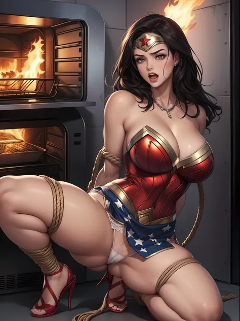 ((Shes wearing lacy white panties)), (Shes wearing stiletto high heels) ((Your blouse is tattered, Your mesh is tattered, his uniform is tattered, seu traje esta esfarrapado, your clothes are tattered)), ((SUPERHEROINE Wonder Woman half crouched in prison)...