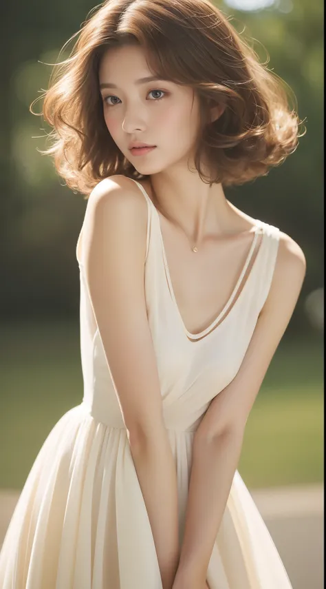 top Quority，ultra-clear resolution，Gloss on lips，Glossy glossy skin，Clean collarbone，face perfect，Bando Dress Short，Beautiful legs，Random environment、Light brown hair、gradation hair、short-cut、Curly hair