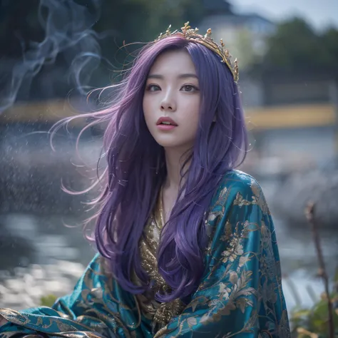 Genki Girl 32K（tmasterpiece，k hd，hyper HD，32K）Long flowing bright purple hair，Autumn Pond，zydink， a color， Asian people （Genki girl）， （Silk scarf）， Combat posture， looking at the ground， long whitr hair， Floating bright purple， Fire cloud pattern gold tiar...