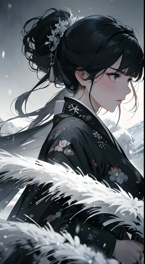 a woman and a man(two guys)，back-to-back，Hold a knife in your hand，The knife is in front of you，Gorgeous light gauze Hanfu，Angry expressions，Separate bangs，Raise an eyebrow，Ponytail hairstyle，Heavy snow fell，fightingpose，snowy mountain background，dynamic b...