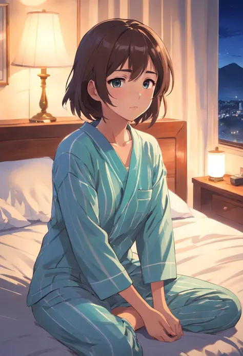 1 girl, wearing pyjamas, going to sleep, sleepy expression, tired expression, sitting on bed