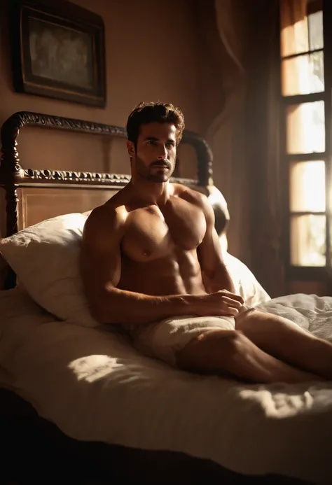 realistic, masterpiece, intricate details, detailed background, depth of field, cinematic, pectorals, abs, nude, erection, large penis, photo of a handsome (spanish man) lying in bed, bedroom, window, volumetric light, sweaty,