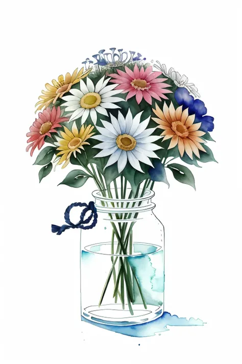 create a Minimalist Line art  with a watercolor Splash of a bouquet of wildflowers on a white background