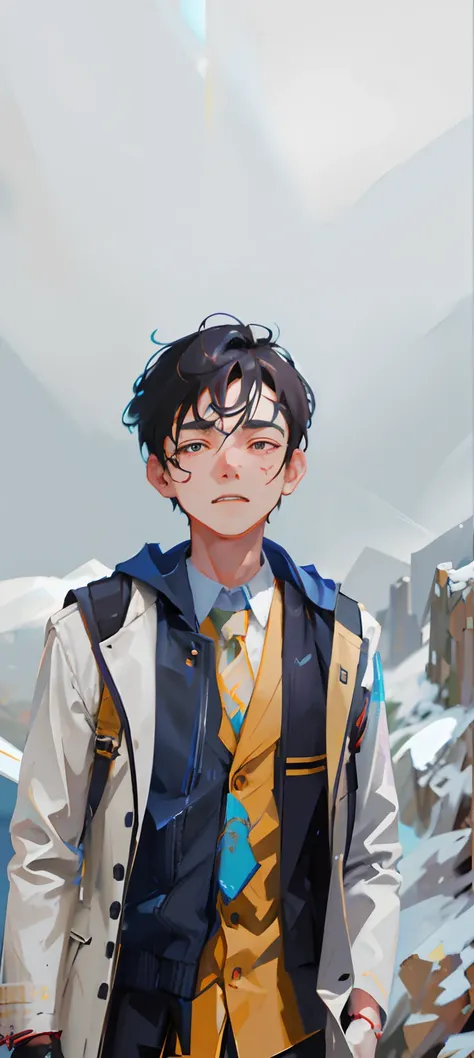 there is a man standing on a mountain with a tie and jacket, stefan koidl inspired, artwork in the style of guweiz, concept art of single boy, detailed digital painting, very detailed digital painting, low detailed. digital painting, inspired by Yanjun Che...