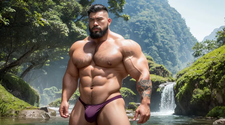 (Extremely detailed 8k wallpaper), A strong Chinese man in a white thong stands in a rainforest，High detail, short detailed hair，Short beard perfect figure with tattoos, Very huge and strong body, Bulging muscles, musculous, Very large pectoral muscles，Ver...