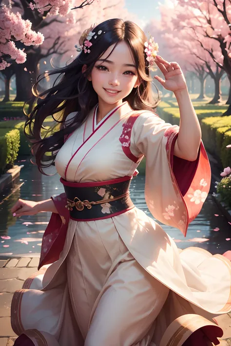 (a girl in a garden), traditional Japanese painting, vibrant colors, detailed cherry blossom petals, flowing kimono, delicate brush strokes, soft lighting, picturesque scenery, dreamy atmosphere, enchanting beauty, graceful movements, elegant poses, romant...